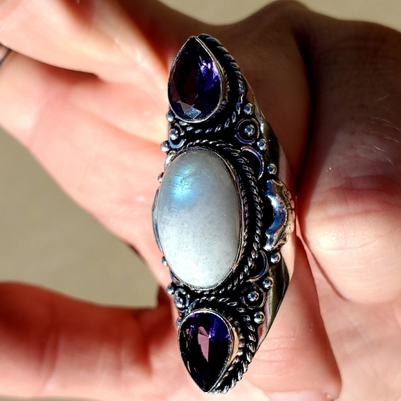 New Rainbow Moonstone & Amethyst 925 Silver Statement Ring. - Picture 16 of 16
